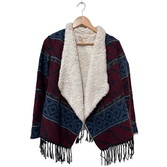 Hollister Aztec Southwestern Sherpa Open Front Fringe Cardigan Multicolor Sz XS - Picture 1 of 9